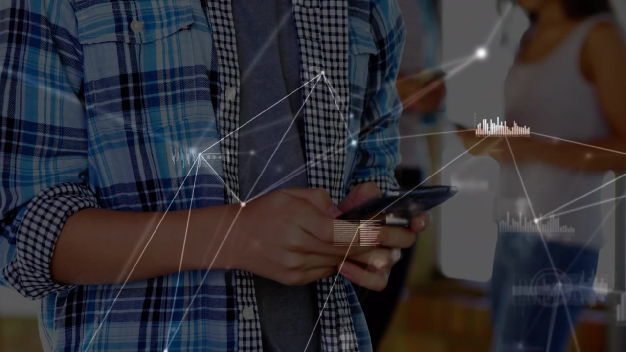 Animation of network of connections over men using smartphone