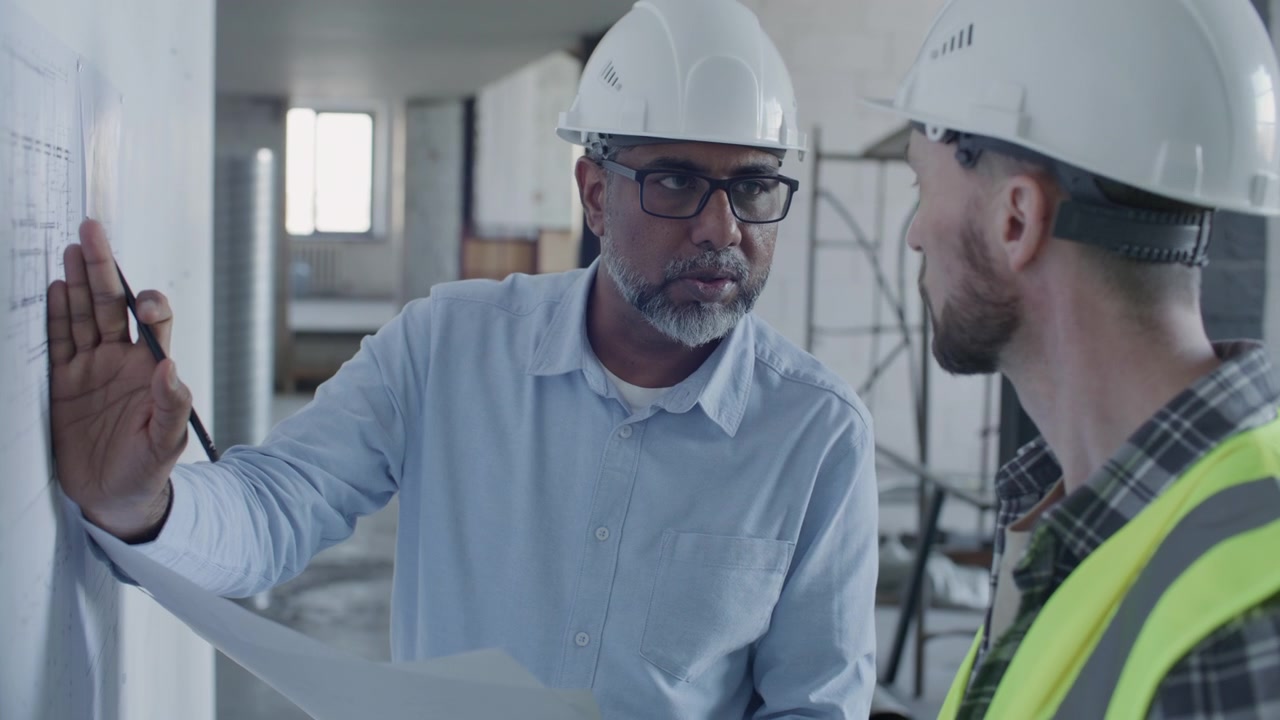 Engineer and Foreman Discussing and Marking Layout Plan at Construction Site