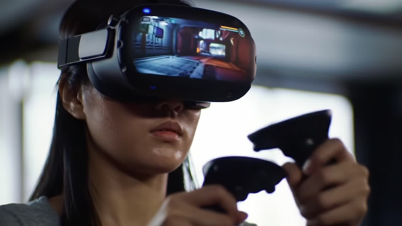 Engaging in Virtual Reality Gaming: A Focused Individual Experiencing Immersive Gameplay with VR Headset and Controllers in a Modern Setup