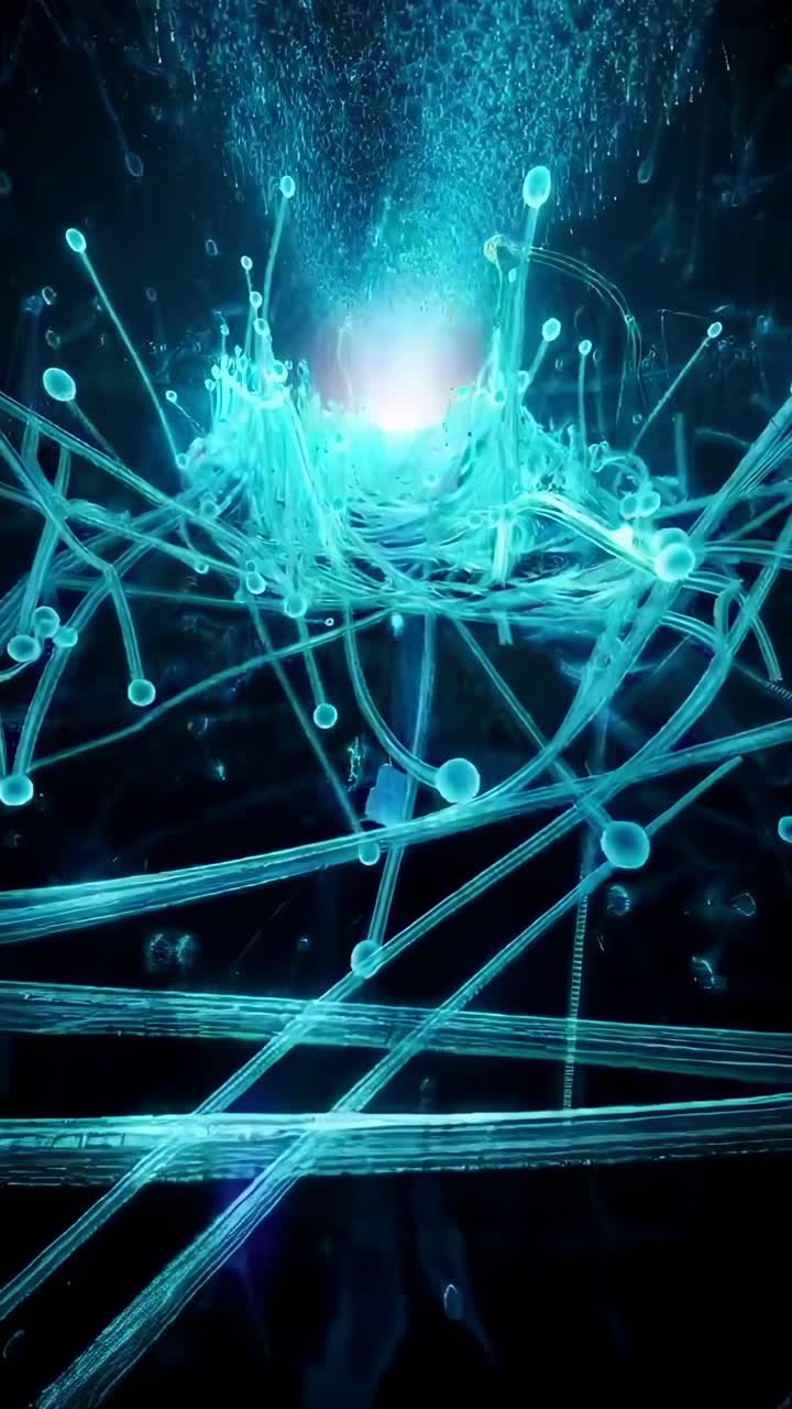 Futuristic video with a low-angle view of glowing blue strands in a digital space