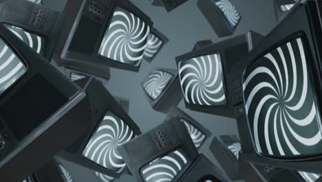 Many vintage TV with hypnotic spiral on screens.