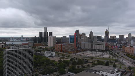 establishing drone shot of downtown detroit cityscape