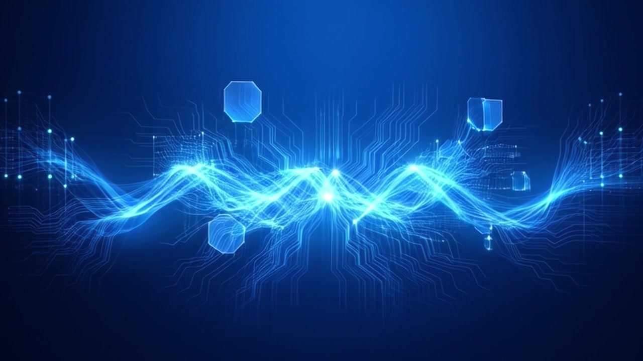 Abstrakti digitaalinen piirilevy hehkuvilla sinisillä energia-aalloilla