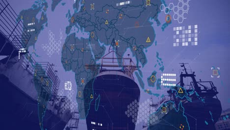 Animación-Del-Mapa-Mundial-De-Barcos-Con-Conexiones-Y-Procesamiento-De-Datos.
