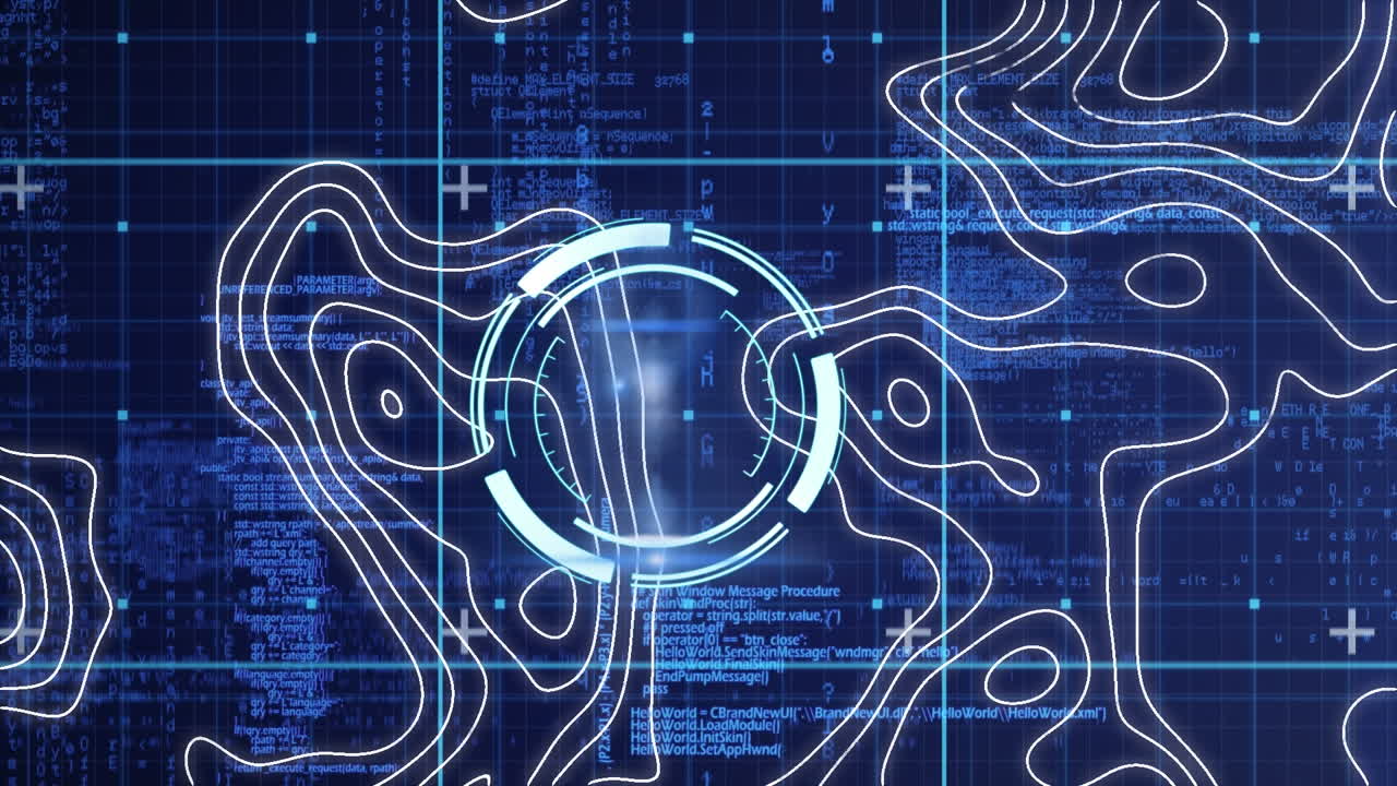 Animation of scope scanning over white lines and data processing on blue background