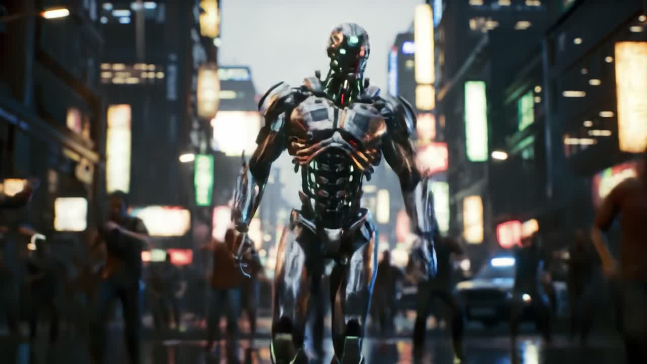 A stunning visual portrayal of a futuristic robot amidst a vibrant cityscape, showcasing advanced technology and a bustling crowd, merging humanity with artificial intelligence