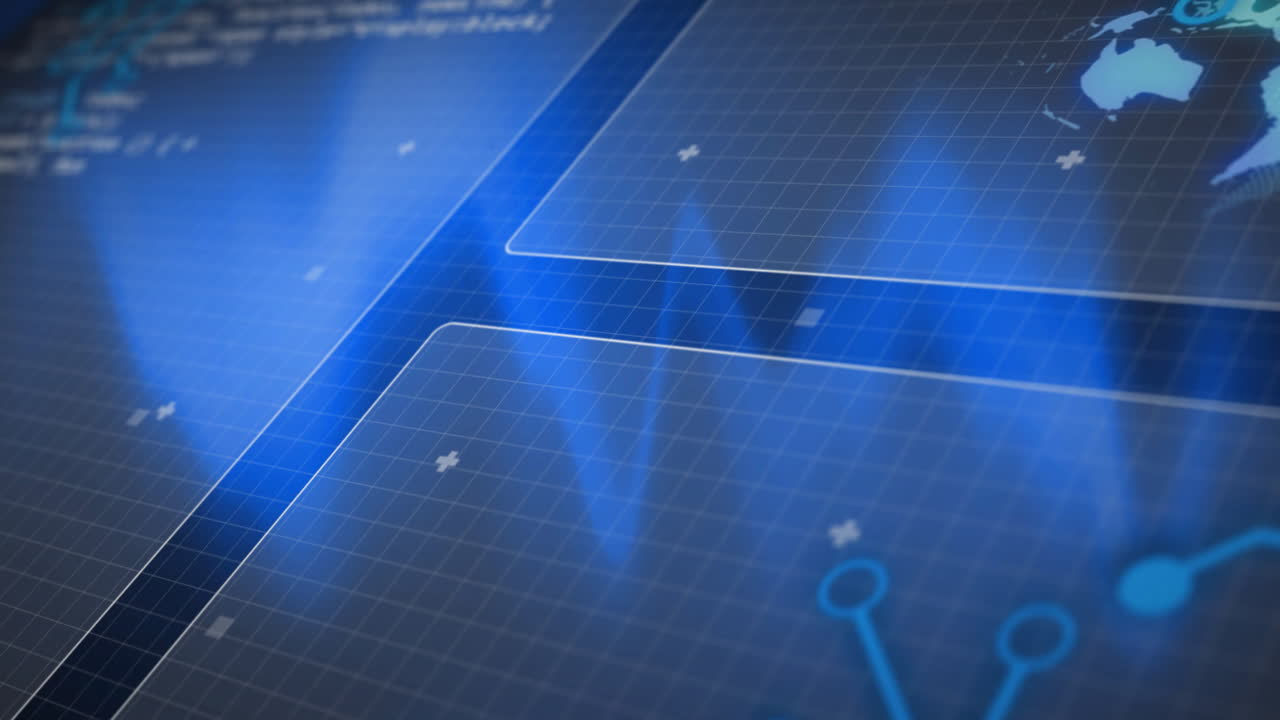 Futuristic digital interface with blue grid and glowing lines animation