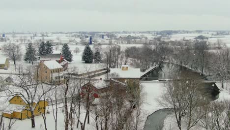 large homes in american village in winter establishing shot