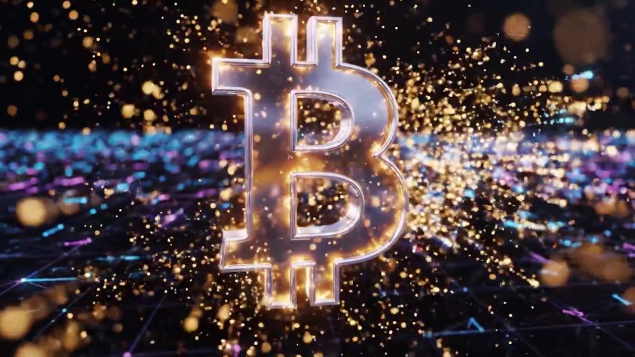 A Captivating Glimpse into the Digital Currency Revolution: Vibrant Bitcoin Symbol Illuminated Against a Futuristic Geometric Background