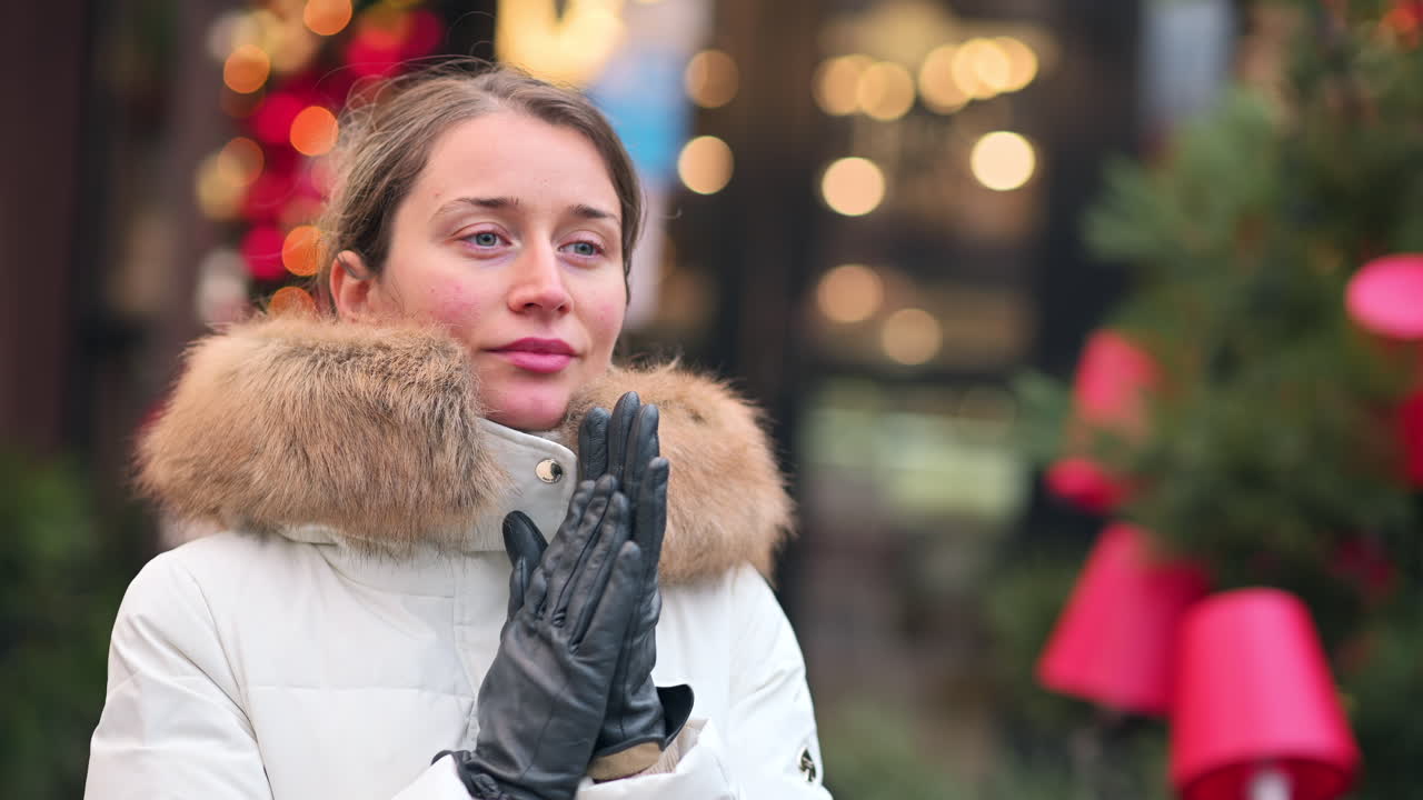 A cheerful woman stands in the city, surrounded by festive decorations. She expresses excitement for the holiday season while wearing a warm coat and gloves