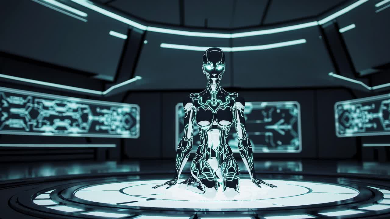 mujer robot futurista en la sala de control