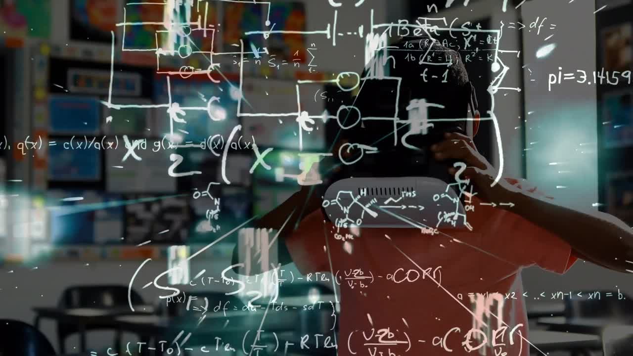 vr 헤드 ⁇ 을 사용하는 아프리카계 미국인 학교생에 대한 수학 방정식의 애니메이션