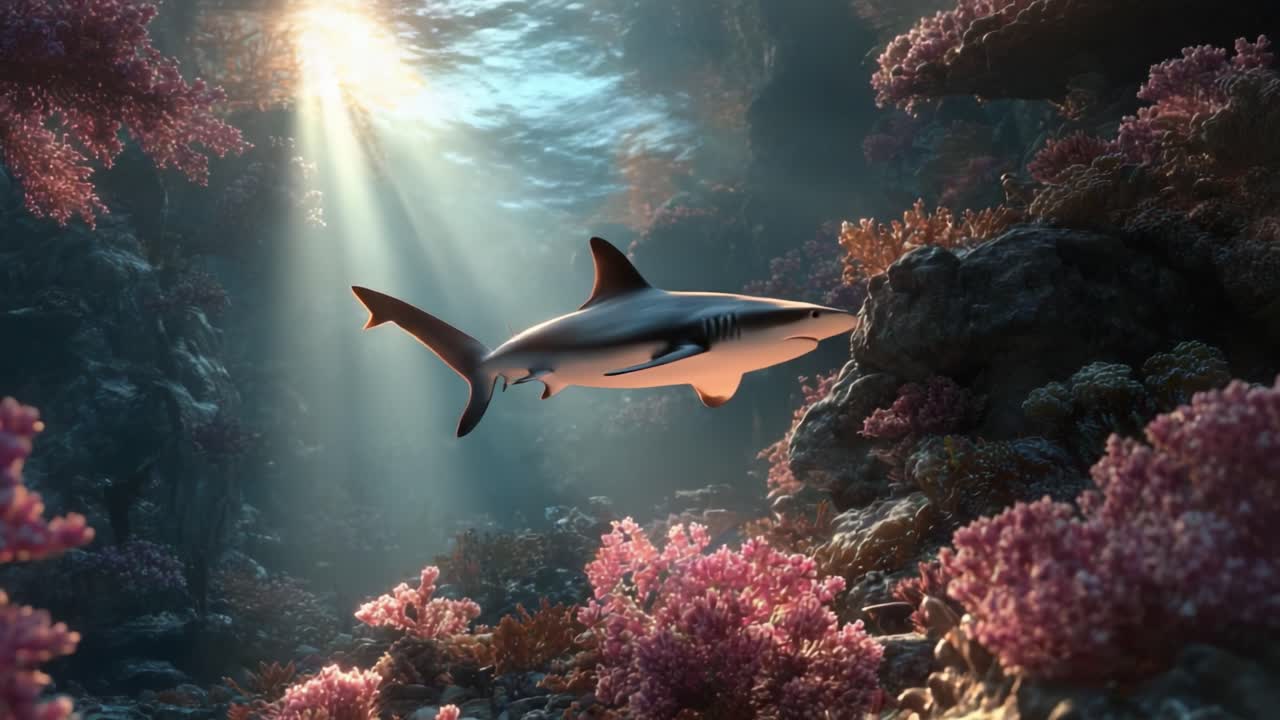 A Majestic Shark Glides Through Vibrant Coral Reefs Under the Dappled Sunlight in an Underwater Paradise