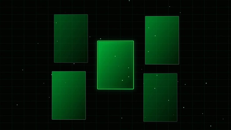 Interfaccia digitale astratta con rettangoli verdi fluttuanti e particelle