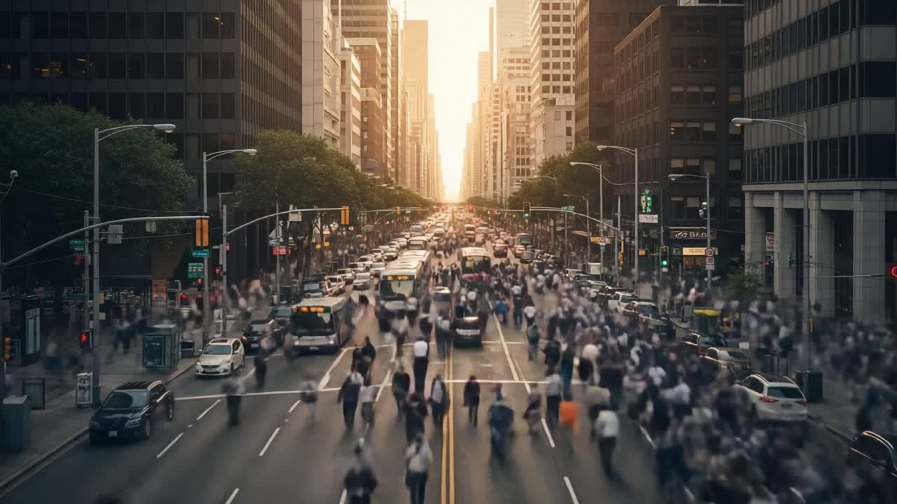 Busy City Street with Motion-Blurred People and Traffic at Sunset