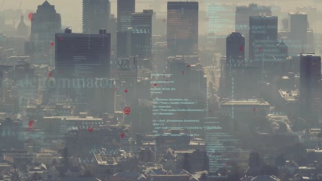 animation of financial data processing over cityscape