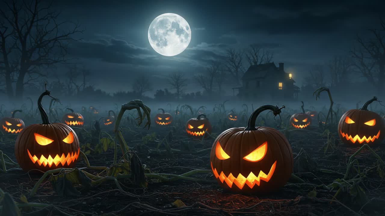 A Spooky Halloween Night Displaying Grinning Pumpkins Under a Full Moon with a Mysterious House in the Background and Eerie Fog Enveloping the Scene
