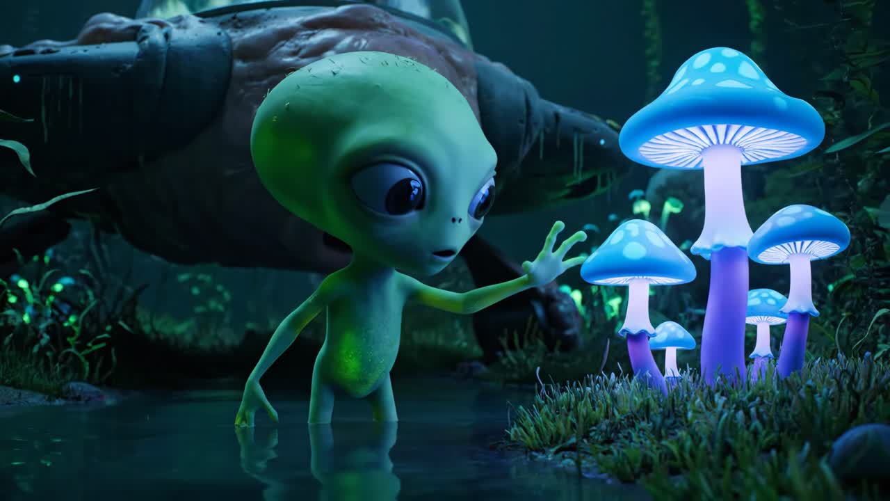 Alien encounters strange mushrooms in a glowing forest