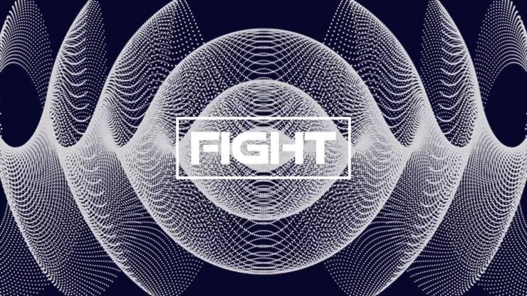 Animazione del testo "fight" su linee geometriche in movimento