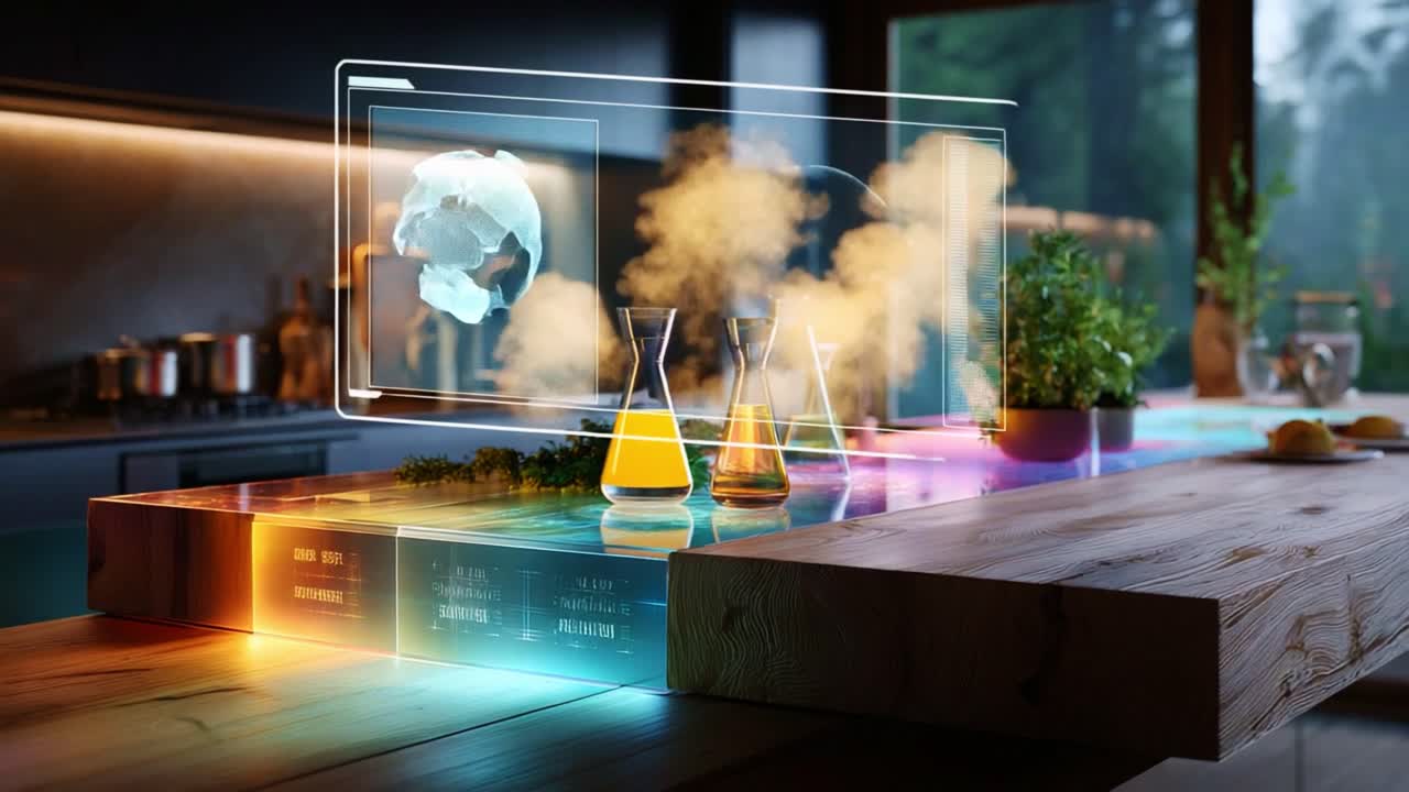 A Futuristic Kitchen Workspace Featuring a High-Tech Interactive Surface with Colorful LED Lighting, Botanical Elements, and Scientific Glassware for Innovative Culinary Creations