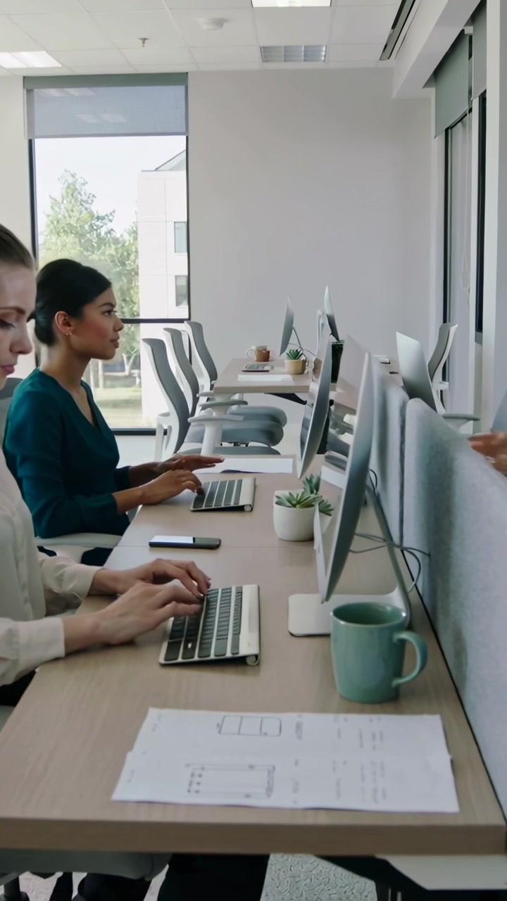 Video vertical: Dos mujeres escribiendo, actualizando hojas de diseño usando teclados en la oficina, con la cámara haciendo un paneo.