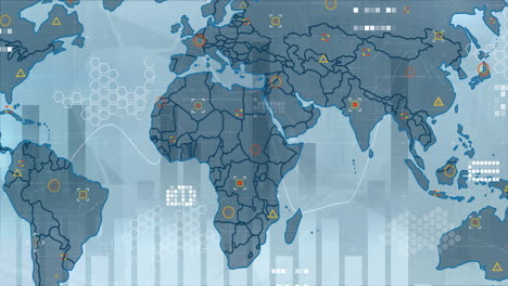 animation of world map over financial data processing on blue background