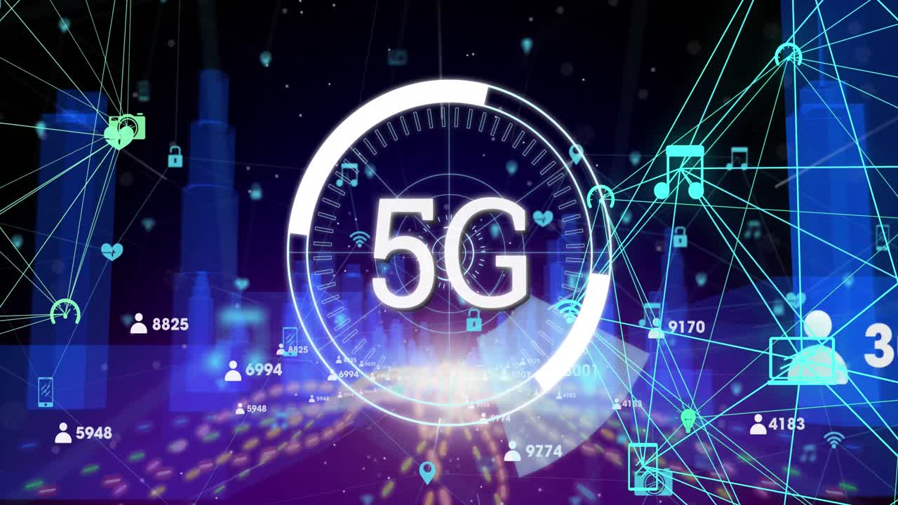 testo 5g su cerchi e globi di rete di connessioni contro il modello di città 3d