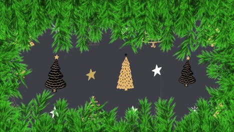 animation of christmas trees and stars twinkling with fir tree decoration on grey background