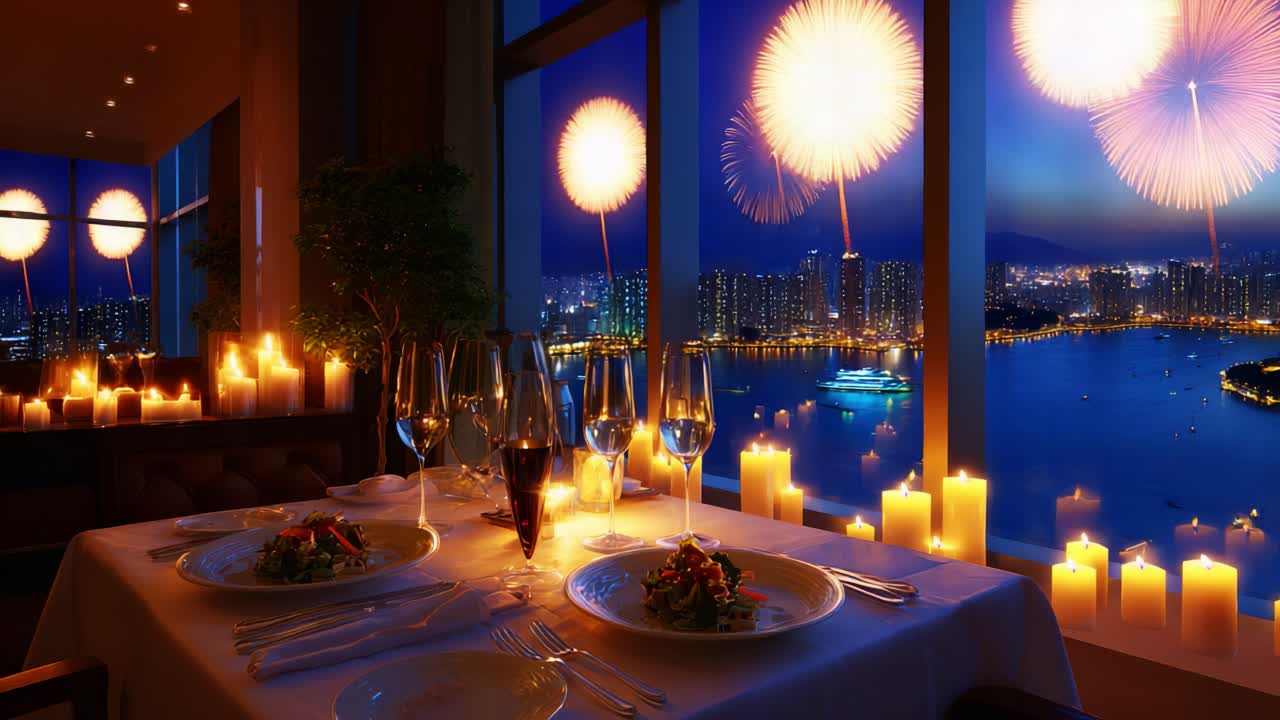 Captivating Dinner Celebration with Sparkling Fireworks – A Romantic Dining Experience Overlooking a Stunning Waterfront View Awash in Candlelight and Festive Atmosphere, Perfect for Special Occasions