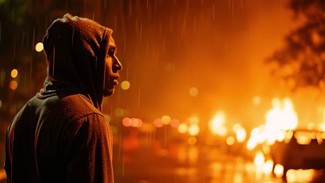 protestor watching burning cars in the rain at night