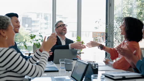 handshake, applause and business people in meeting
