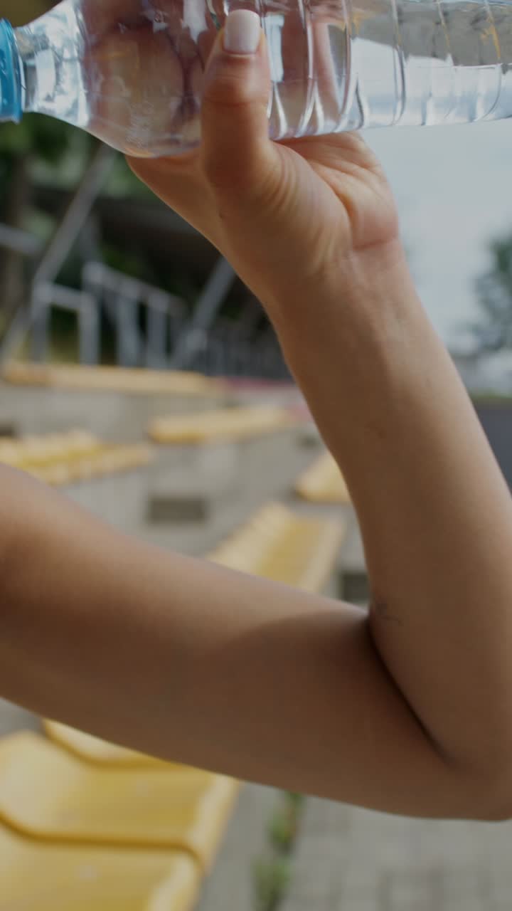 mujer bebiendo agua y descansando al aire libre después de hacer ejercicio
