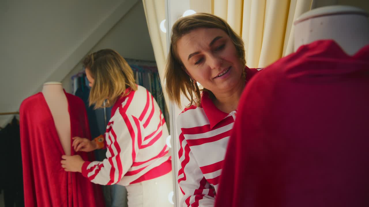 Una giovane donna prova un capo rosso nel camerino. Sorride allo specchio, sistema il tessuto con cura. L'illuminazione calda evidenzia un'espressione gioiosa e sicura. Filmato ideale per moda, vendita al dettaglio