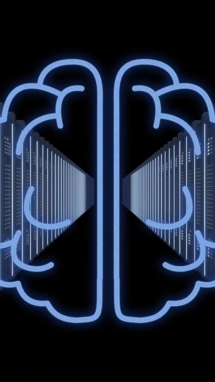 Animation of ai digital data processing and brain over computer servers