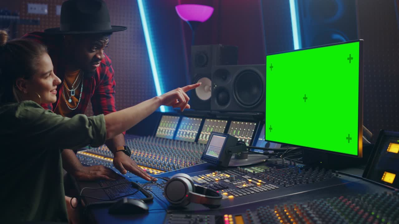 Producer and Audio Engineer Working together in Music Record Studio on a New Album, Use Green Screen Computer, Control Desk for Mixing and Creating Hit Song. Artist and Musician Collaboration