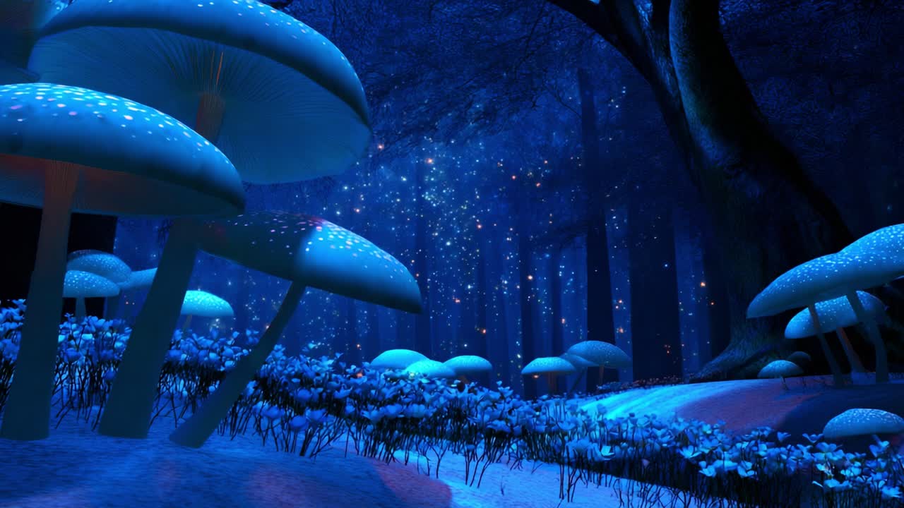 Enchanted Night: A Magical Forest Scene Filled with Luminous Mushrooms and Glowing Flora, Capturing the Essence of a Mystical Realm Under a Starry Sky in a Beautiful 3D Render