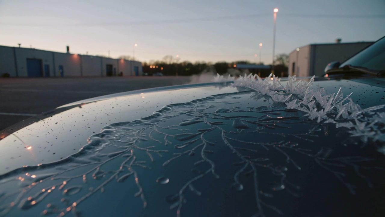Sun warming car hood, hood releasing vapor plume at dawn parking lot, with frost crystals glinting