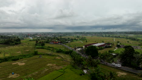 Carretera-Muy-Transitada-Que-Cruza-Campos-De-Arroz,-Bali-En-Indonesia.