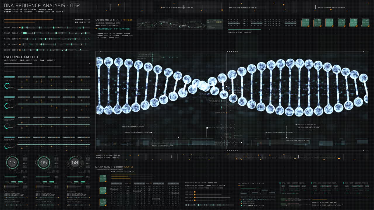 avance holográfico análisis de secuencia de adn biomédico visualización frontal de diagnóstico para visualización de pantalla de computadora de fondo, representación 3d