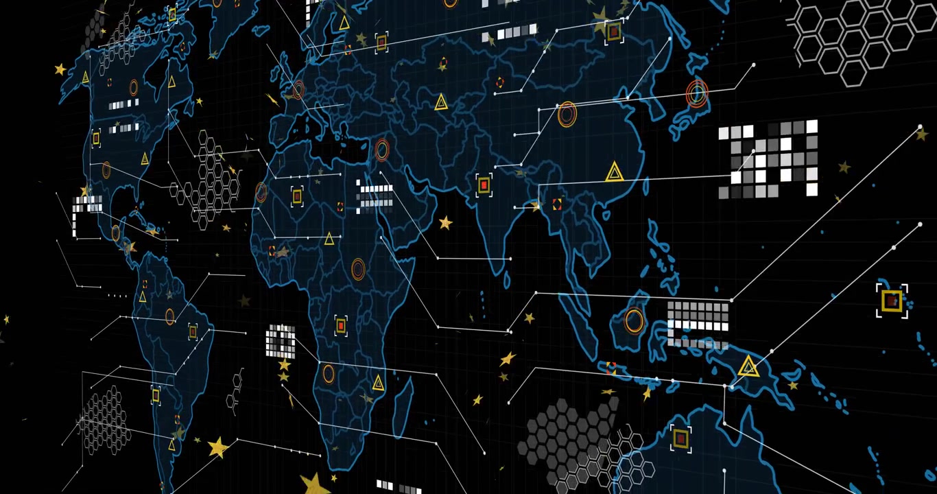 Faint blue map outline glowing triggers world map pulsing, data markers connecting global network