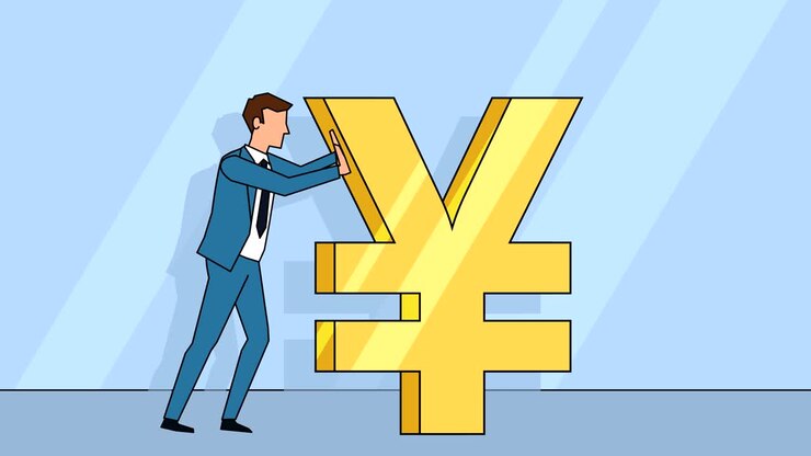 Flat cartoon businessman character pushes a yen sign money concept animation with alpha matte