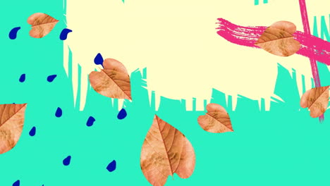 animation of leaves and colourful shapes on green background
