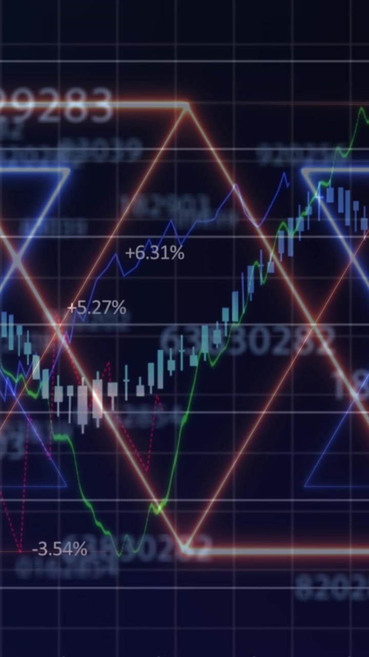 Animazione di forme astratte al neon e numeri multipli che cambiano su elaborazione di dati finanziari