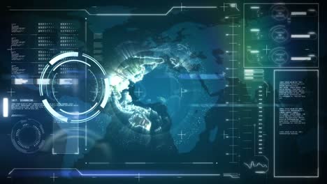 Animation-of-round-scanner-over-interface-with-data-processing-against-spinning-and-world-map