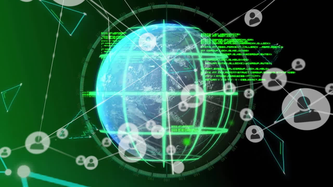 어두운 배경에 전 세계에 있는 아이콘으로 연결된 네트워크의 애니메이션