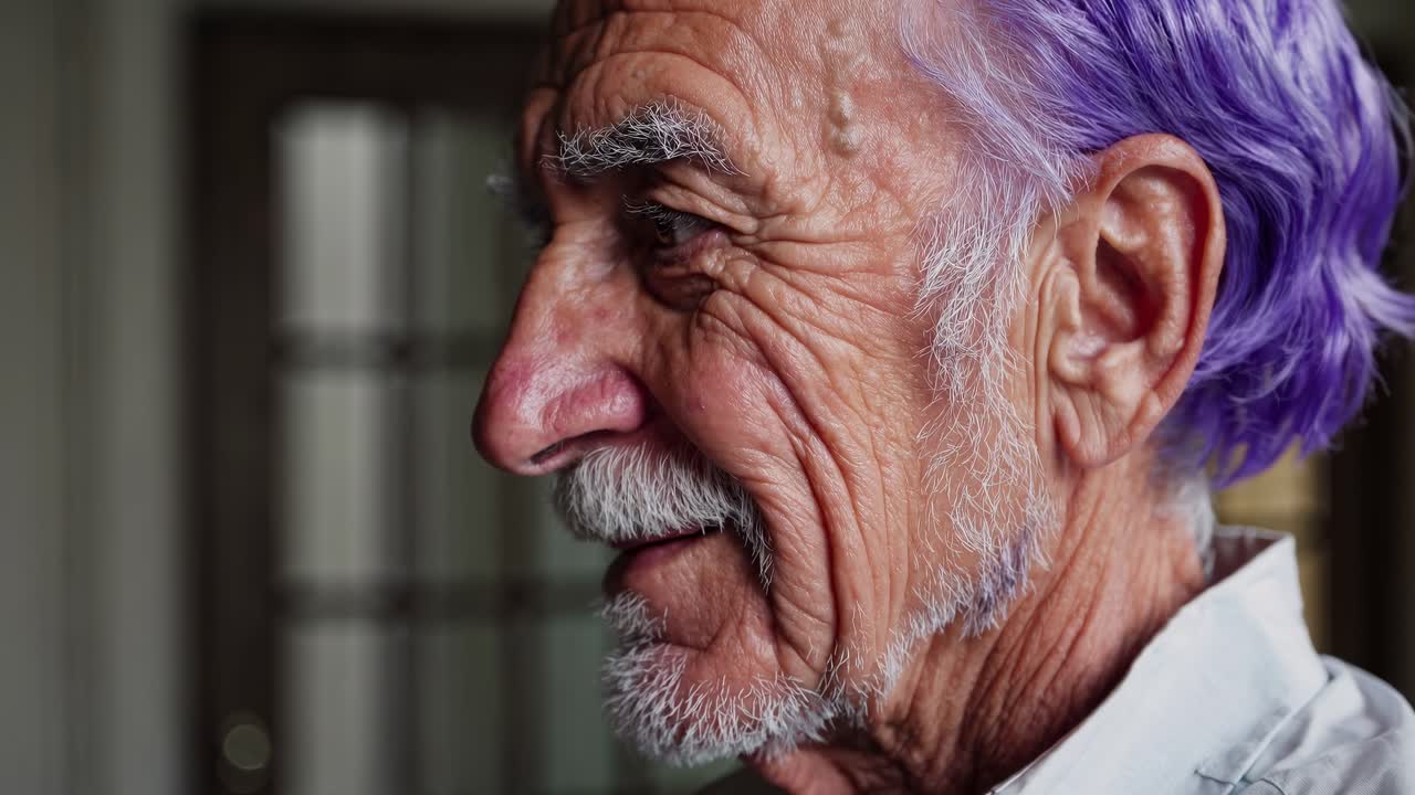 Primo piano di profilo di un uomo anziano con capelli viola
