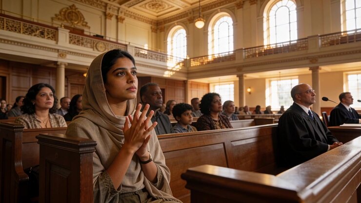 Clasping woman in headscarf shifting fingers while hearing robed officials speaking on wooden pews