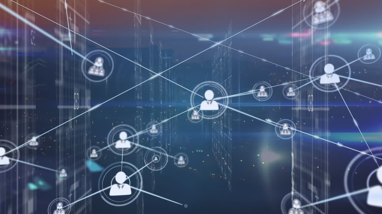 Animazione di una rete di connessioni con icone su server di computer