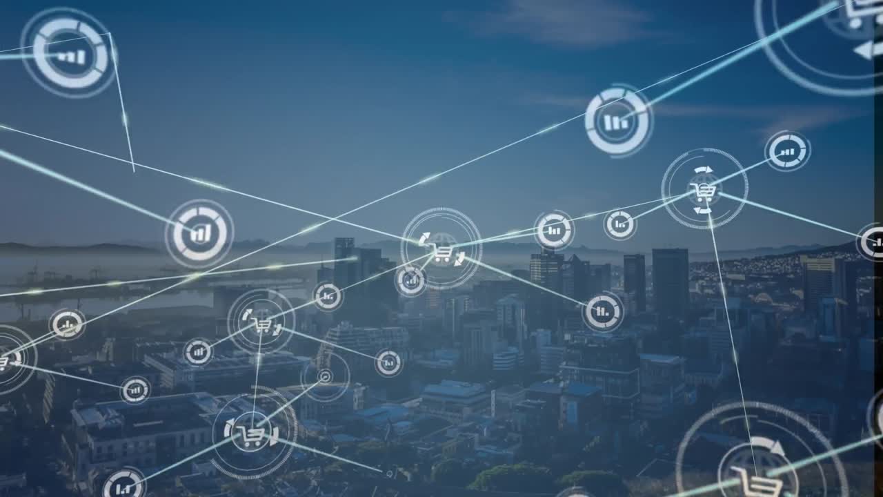 Animation of network of connections and data processing over cityscape
