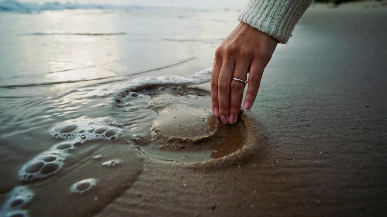 Hånd med strikket ærme og ringe tegner koncentriske cirkler ved strandkanten, mens skum skyller ind og fanger vand